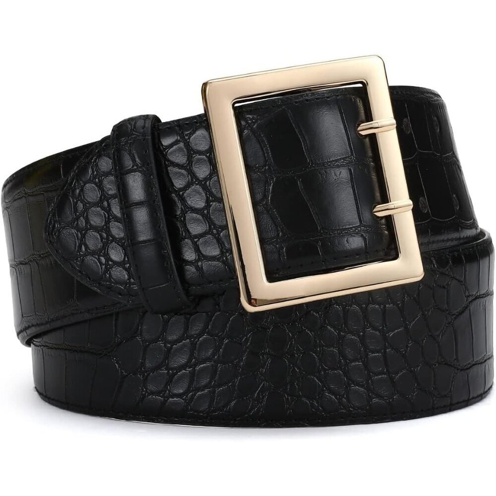 Wide Leather Belt for Women Synthetic Crocodile-Embossed Thick Black Fashion